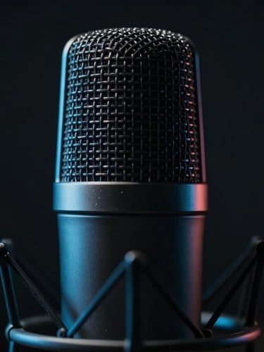Macro close-up of a high-end professional studio microphone, moody high-contrast lighting, deep obsidian tones with sharp electric blue rim lights, cinematic 35mm