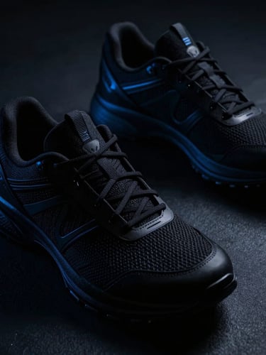 Close-up of premium black athletic gear on a dark textured surface, dramatic high-contrast studio lighting, electric blue highlights, cinematic 35mm