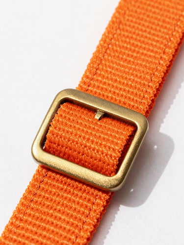 Macro shot of heavy-duty stitching on vibrant orange webbing, solid brass buckle in sharp focus, bright natural daylight, clean white background