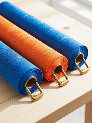 Sunlit craft workshop with rolls of vibrant blue and orange webbing, heavy brass buckles on a clean wooden workbench, high-key natural daylight