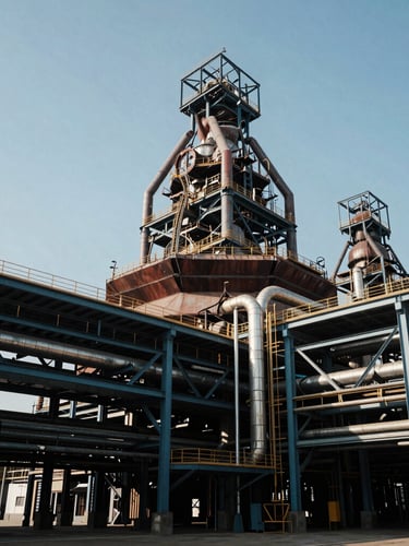 Wide-angle architectural view of a massive modern industrial complex with exposed steel geometry and pipes, high-contrast daylight, steel blue tones, 35mm