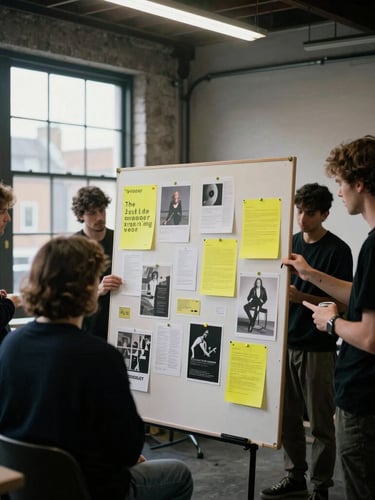 Candid unposed team session in a gritty Poplar warehouse studio, collaborative creative work around a physical mood board, moody natural light.