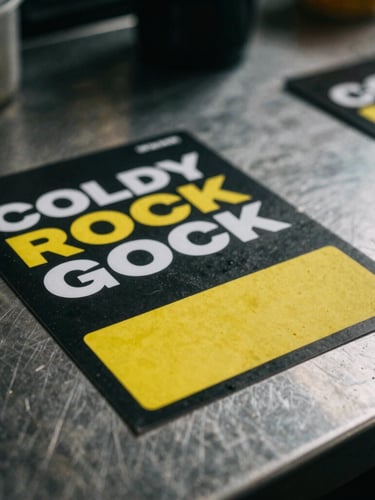 Close-up macro shot of physical campaign collateral on a steel worktable, moody natural light, high-contrast shadows.