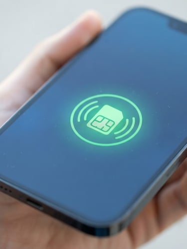 Macro shot of a modern smartphone displaying a clean eSIM activation screen, bright natural daylight, electric green accent glow, sharp focus