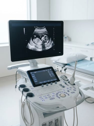 Clean clinical photography, bright diffused natural daylight, a modern high-resolution ultrasound system interface in a pristine white examination room, sharp focus, 35mm