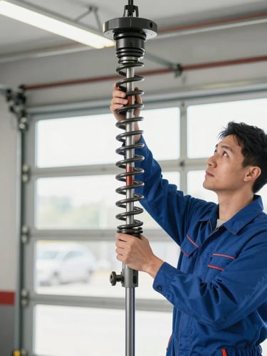 Medium shot of a professional technician in a clean uniform adjusting a garage door torsion spring, bright garage interior lighting, sharp focus, 35mm lens.