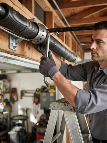 Professional technician in clean uniform calibrating a garage door spring, close-up shot showing mechanical precision, bright natural daylight, high-contrast industrial tones.