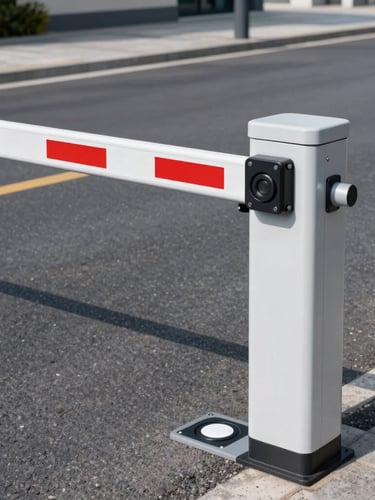 Ground level shot of a freshly installed automatic barrier gate with a clean asphalt cut for inductive loop sensor, bright daylight, technical precision