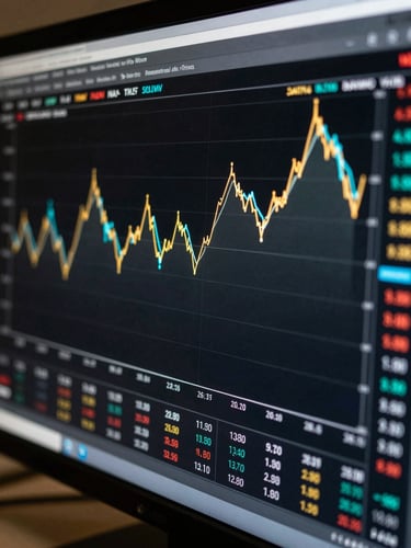 Extreme close-up of a fund performance dashboard on a high-resolution monitor, NAV trend lines in gold and cyan against a near-black background, precise numerical annotations visible, screen glow the only light source, documentary framing