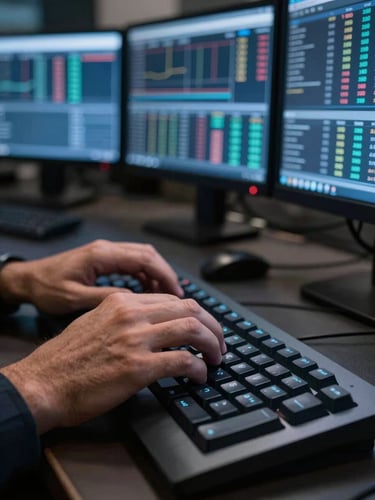 Extreme close-up of a trader's hands on a mechanical keyboard, three monitors glowing in the background showing live NIFTY tick data, cool blue screen light casting on forearms, late-night trading floor atmosphere, no text visible, documentary framing
