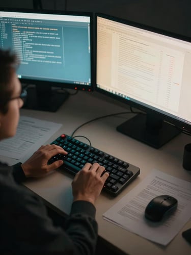Close overhead view of a solo investor's desk at late night, dual monitors casting cyan and amber screen glow across a dark keyboard and printed chart sheets, fingers hovering over a mechanical keyboard, intense concentration, desaturated documentary lighting