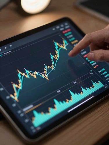 Extreme close-up overhead of a tablet screen displaying a multi-line trend chart with team performance curves in neon cyan and gold on a dark background, a focused hand hovering near the screen mid-analysis, desk surface visible at edges, cool studio light from above