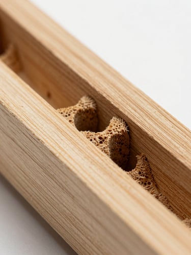 Extreme macro photograph of clean, dry-wood termite galleries inside premium structural timber, clinical studio white background, sharp scientific focus.