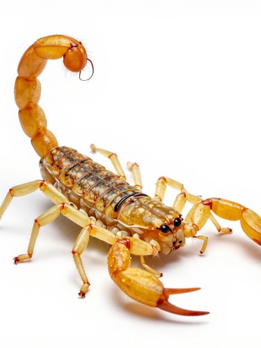 Extreme macro-photography of a yellow scorpion isolated on a clean, clinical white background, sharp focus on the stinger, bright studio lighting, scientific catalog style.