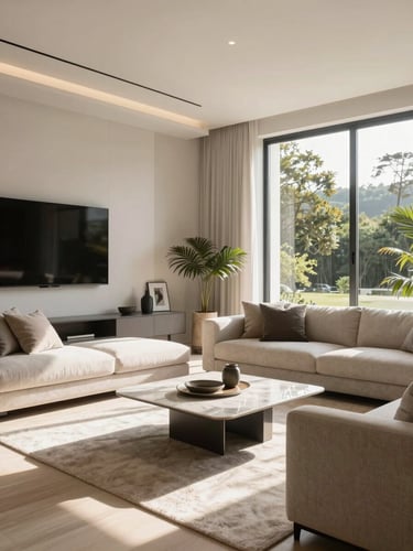 Bright, clean modern living room in Caminho das Árvores, minimalist luxury decor, warm sunlight streaming through large windows, pristine atmosphere.