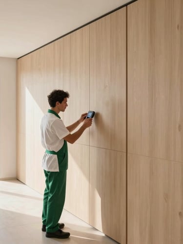 Wide architectural angle of a bright, high-end residential interior in Caminho das Árvores, soft morning daylight, a professional technician in a minimalist white and forest green uniform inspecting a clean wooden panel with a precise digital device, absolute order and cleanliness, soft shadows.