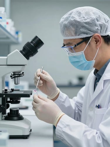 Professional laboratory technician in a clean white uniform examining a biological sample with precision tools, bright clinical lighting, neutral gray background.