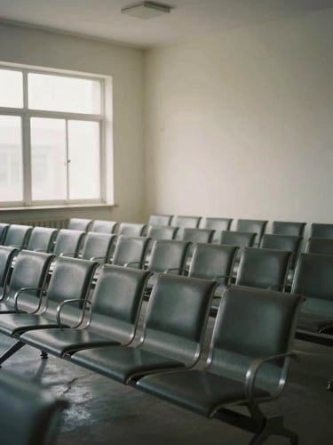 Wide interior of an empty waiting room, rows of vacant chairs receding into depth, flat diffuse window light from the left, pale walls, absolute stillness, no human presence, quiet desolation