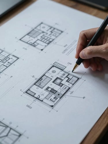 Close-up overhead of technical architecture diagrams and hand-annotated specifications spread across a desk under cool studio light, fine-line drawings and precise annotations visible