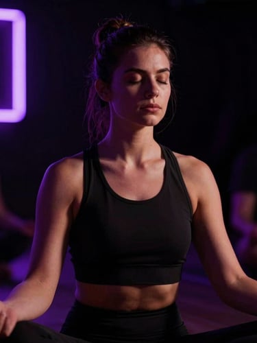 Close-up of intense meditation in a dark room, dramatic high-contrast lighting, violet neon accents, shallow depth of field, 35mm cinematic editorial photography.