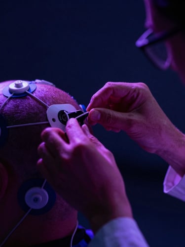 Close-up of a neuroscientist adjusting biometric sensors on a subject, deep rich shadows, vibrant neon violet accents, shallow depth of field, 35mm