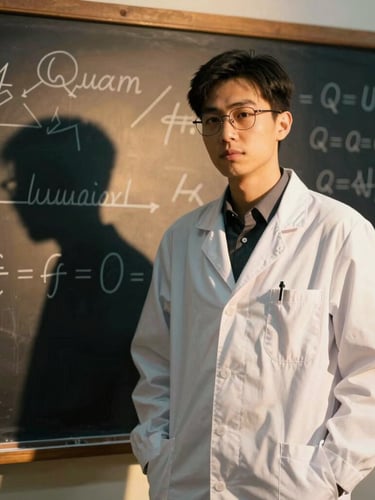 A physicist standing in front of a chalkboard with quantum equations, warm golden hour flare, deep rich shadows, cinematic editorial, 35mm