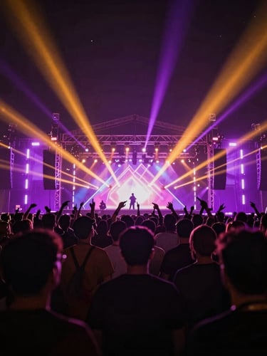 Cinematic editorial photography of a high-production festival stage with vibrant neon violet and amber laser lights, deep rich shadows, crowd in deep connection, 35mm