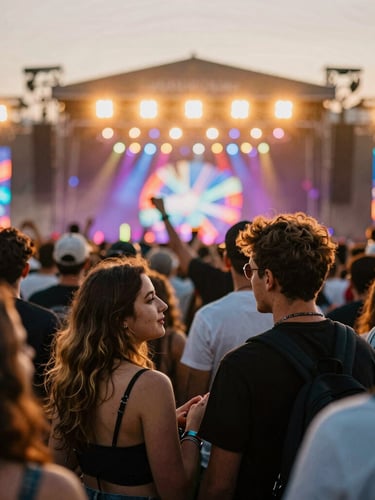 Dynamic crowd shot of deep connection at a festival, golden hour flares, vibrant stage neon lights, shallow depth of field, 35mm cinematic editorial photography.