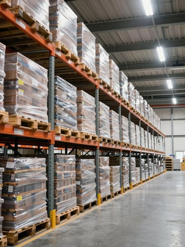 Wide interior shot of an organized commercial warehouse, rows of neatly stacked pallets and shelving units receding into depth, bright consistent overhead daylight, straight-on framing with generous right-side negative space