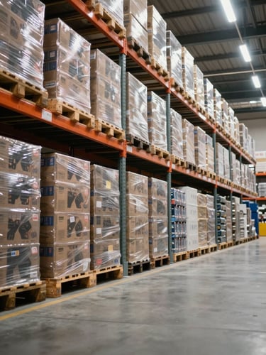 Wide shot of organized warehouse shelving from a low angle, rows of neatly stacked merchandise pallets extending into the background under bright consistent overhead lighting, clean concrete floor visible in the foreground