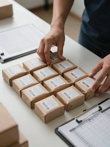 Close-up overhead view of hands carefully inspecting packaged merchandise on a packing table, clipboards and quality checklists visible at the edge, bright studio-style daylight from the left, products arranged in orderly rows