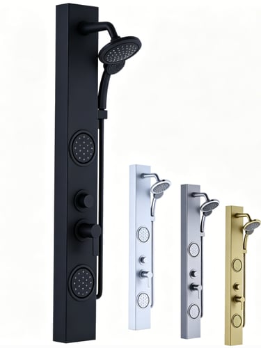 Modern luxury shower panel systems in matte black, silver, and gold finishes with body jets.