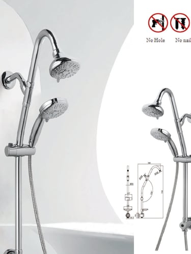 Chrome dual shower head system with fixed and handheld sprayers featuring no-drill installation.