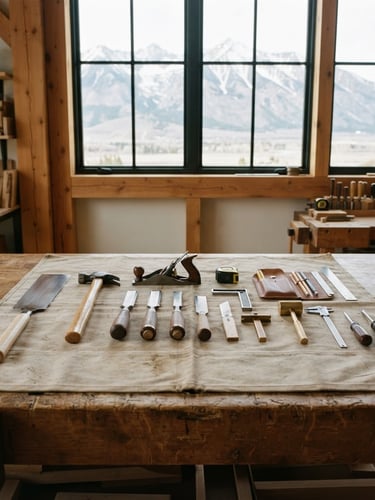 Straight-on architectural shot of a clean, organized workspace with tools laid out neatly on a protective canvas sheet, bright natural mountain daylight.
