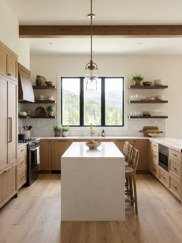 Straight-on architectural angle of a modern mountain kitchen remodel, bright natural daylight streaming through a window, clean tile lines and timber details, sharp focus, 35mm lens.