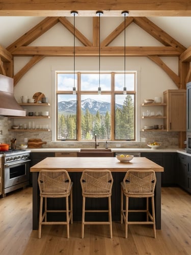 Straight-on architectural shot of a modern-alpine kitchen remodel in Missoula, clean timber-frame details, natural mountain daylight, sharp focus, 35mm lens