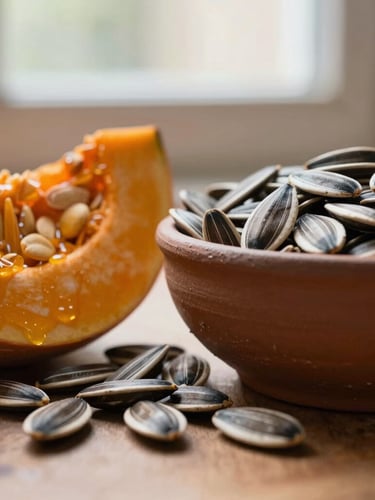 Macro close-up of raw oil-rich pumpkin and sunflower seeds spilling from a textured clay bowl, warm morning window light, soft shadows, 35mm photography