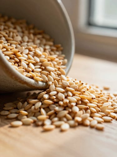 Macro close-up of raw golden sesame seeds spilling from a textured ceramic bowl, warm morning window light, rich earthy shadows, 35mm