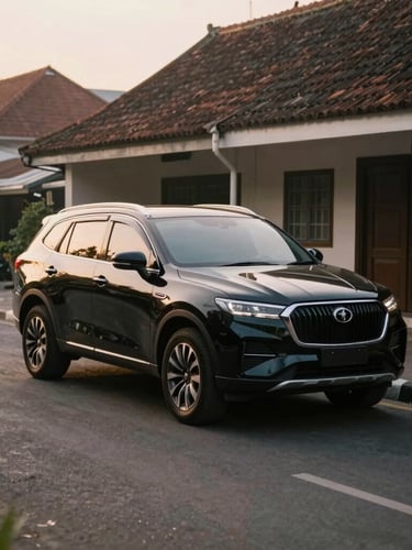 A pristine black modern luxury SUV parked on a quiet, clean heritage street in Yogyakarta during golden hour, soft warm light, 35mm film aesthetic, elegant composition