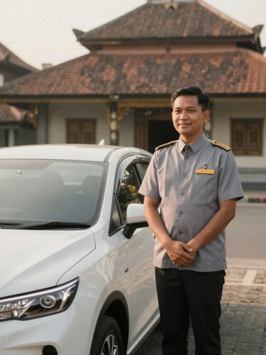 A professional, warm Indonesian driver-guide in a neat uniform standing politely beside a pristine modern premium car, soft natural daylight, elegant heritage backdrop of Yogyakarta, editorial travel style