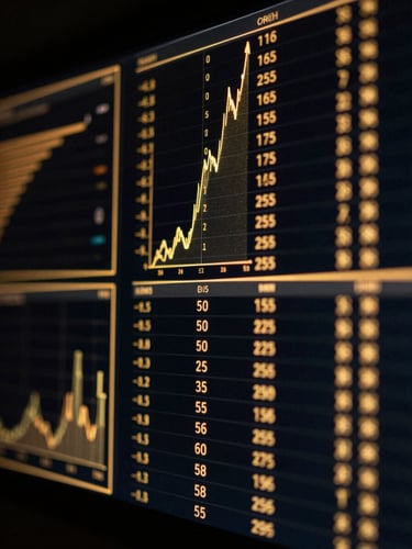 Macro shot of a glowing digital data visualization interface displaying abstract charts and numbers, high-contrast dark studio lighting with gold neon accents, 35mm.