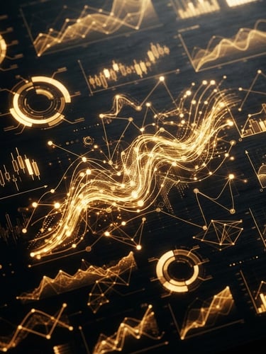 Macro shot of a sleek dark digital interface with glowing gold data charts, high-contrast studio lighting, 35mm