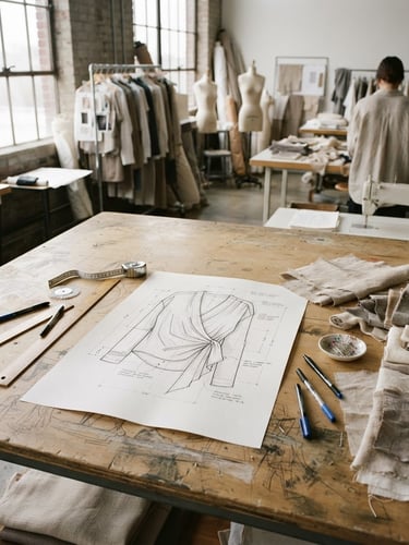 Wide shot of a fashion design studio, a technical sketch of a garment laid out on a large drafting table, surrounded by fabric swatches and measuring tools, soft diffused natural studio light, minimalist fashion photography, high-detail texture.