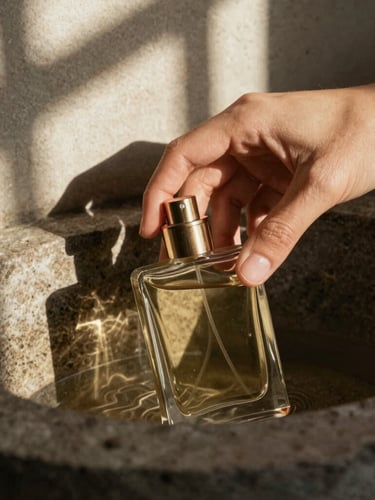 Extreme close-up of a hand gently placing a heavy glass perfume bottle into a dark, cool stone cellar, soft light filtering from above, casting architectural shadows, warm editorial photography.