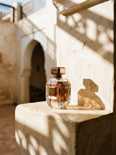 Heavy glass perfume bottle casting long, geometric shadows on a sun-drenched minimalist Moroccan plaster wall, warm afternoon sunlight, high-contrast architectural shadows, ivory and bronze tones, medium format film, empty courtyard, wide cinematic frame.
