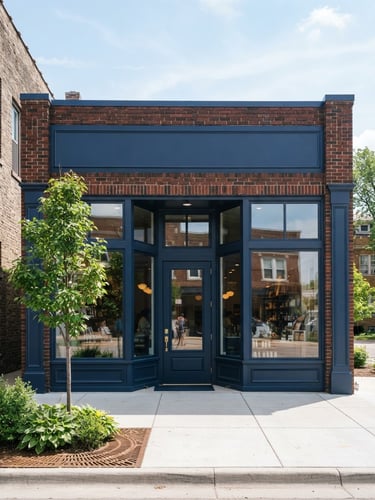 Straight-on architectural facade of a brick storefront on Prospect Road in Peoria Heights, bright natural midwestern daylight, clean navy and white tones, sharp focus, 35mm
