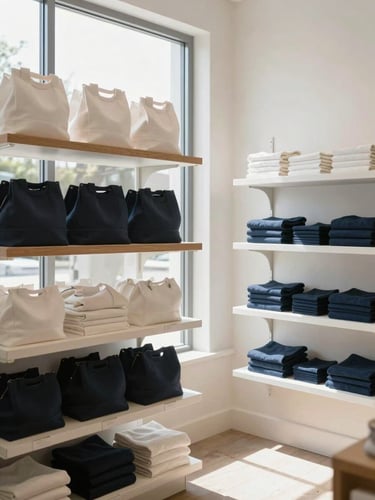 Interior of a warm local boutique in Peoria Heights, sunlight streaming through large windows, neatly arranged shelves, crisp environmental photography, 35mm