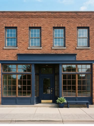 Straight-on architectural facade of a brick storefront on Prospect Road in Peoria Heights, bright natural Midwestern daylight, clean navy accents, sharp focus, 35mm photography