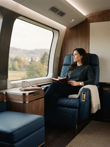 Sleek private transit cabin interior, soft warm natural window light, deep navy leather seating, minimalist luxury details, 35mm photography