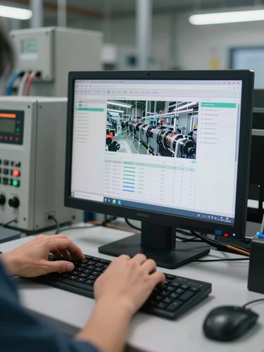 Close-up of a factory operator's hands at a dual-monitor control station, one screen showing a live production dashboard with real data rows, industrial lighting from above, cables and panel hardware visible in the background — functional, grounded, no glow effects